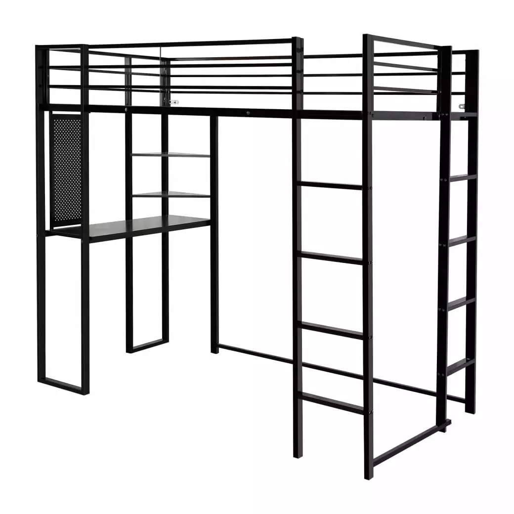 Twin Size Loft Bed Desk and Storage Shelves Metal Bed Frame Black Triple Tree