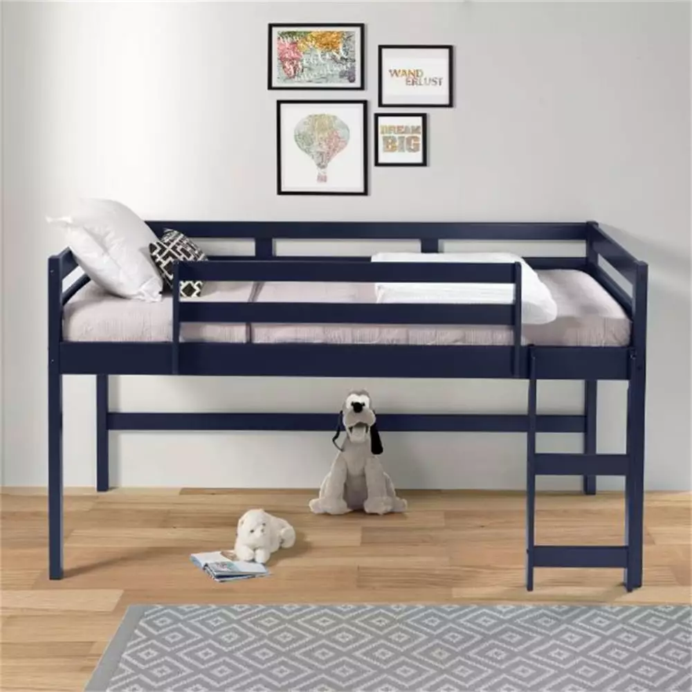 Twin Size Loft Bed Frame Wood Low Loft Reversible Ladder Blue Triple Tree