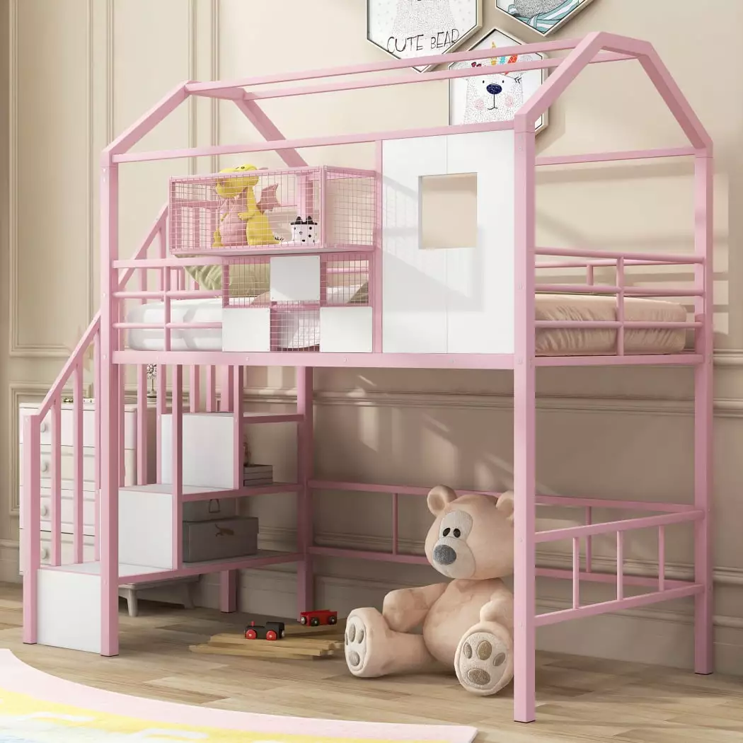 Twin Size Loft Bed Roof Design Storage Box Houtilize-Shaped Metal Loft Bed Frame Pink Triple Tree