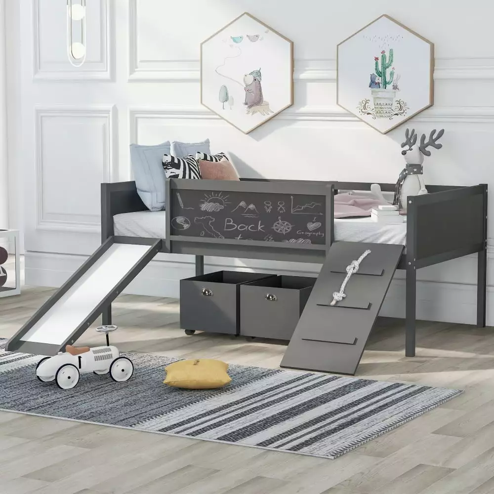 Twin Size Low Loft Bed 2 Storage Boxes Solid Wood Loft Bed Frame Climbing Ladder Slide Gray Triple Tree