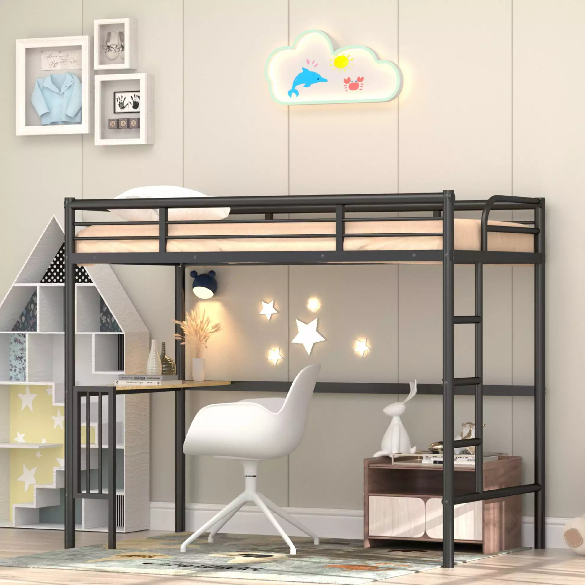 Twin Size Metal Loft Bed Desk High Loft Bed Frame Ladder and Guardrails Kids Teens Triple Tree