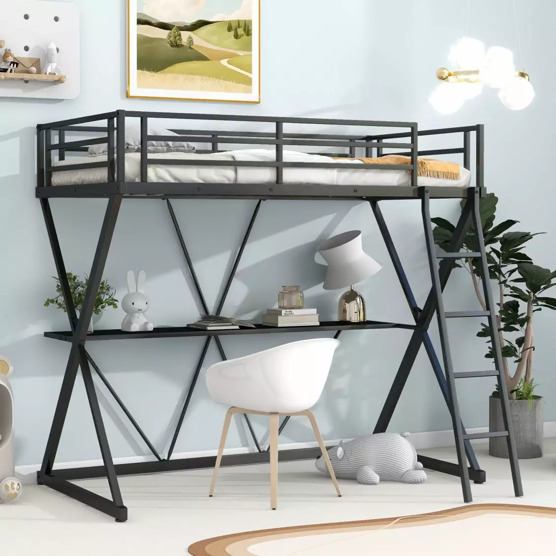 Twin Size Metal Loft Bed Desk High Loft Bed Frame Dorm Bedroom Guest Room Triple Tree