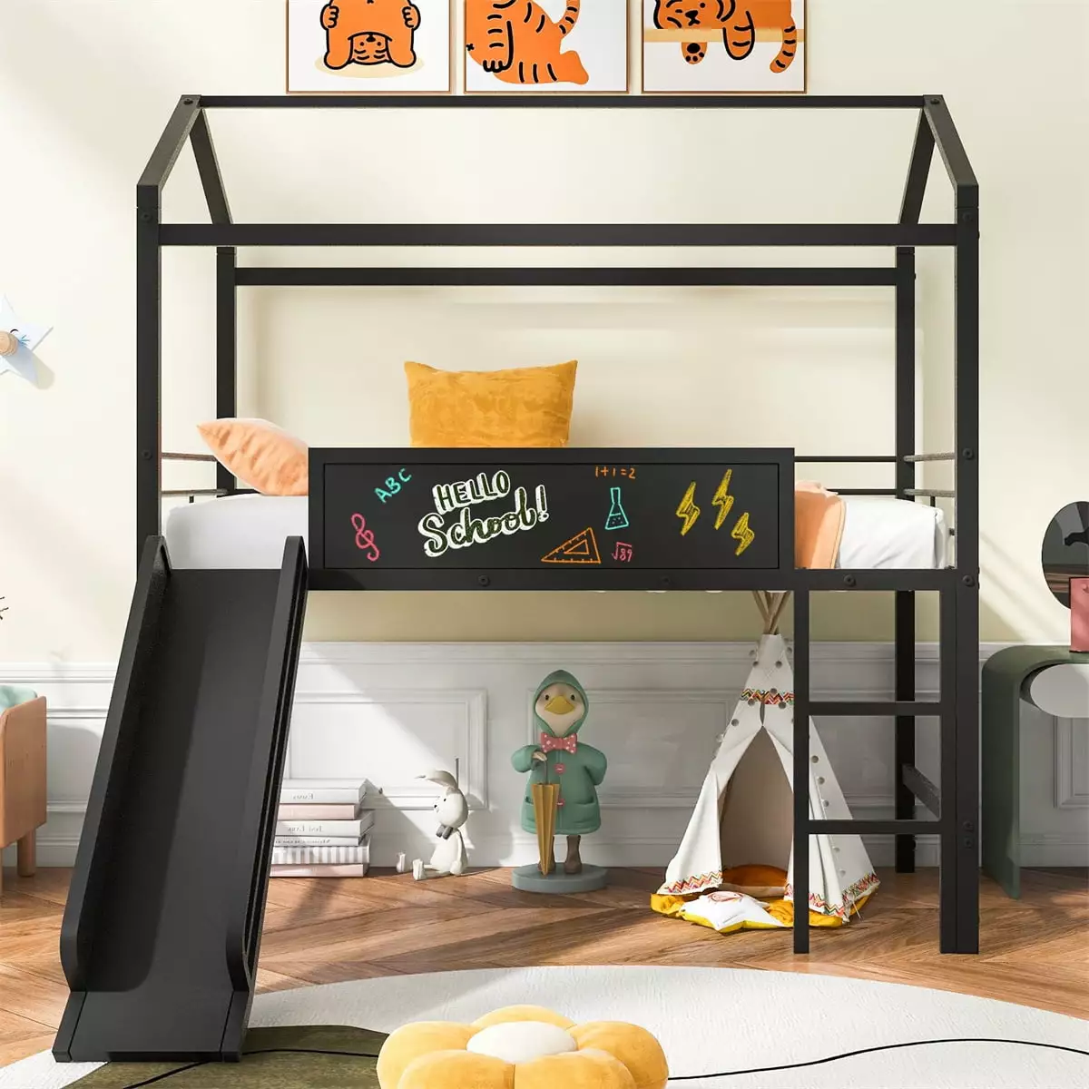 Twin Size Metal Loft Bed Slide and Writable Wooden Board Kids Space Saving Black Triple Tree