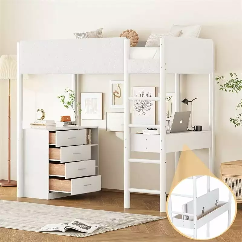 Twin Size Wood Loft Bed Desk Storage Shelf Drawers Teddy Fleece Guardrails No Box Spring Triple Tree
