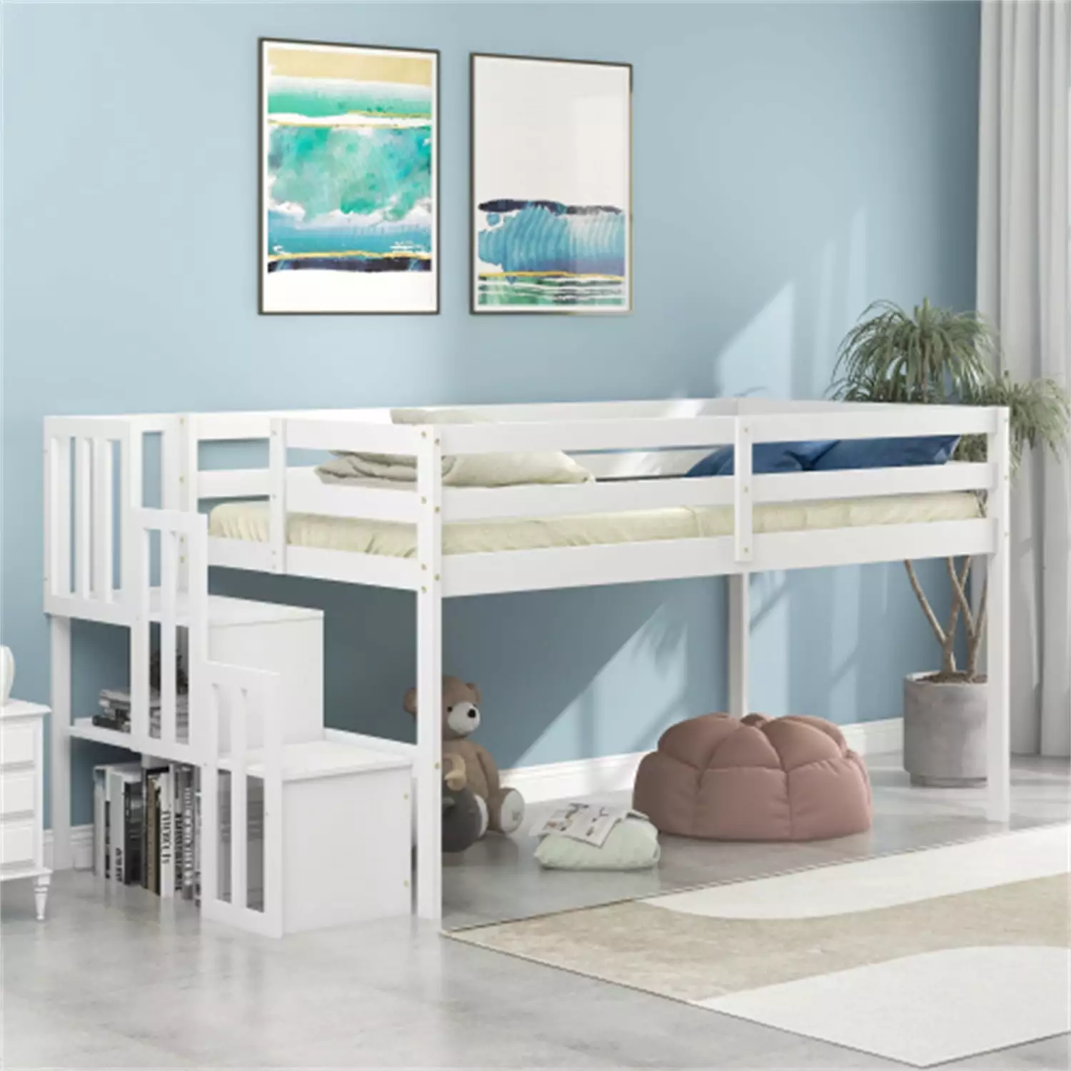 Wooden Loft Bed Staircase Twin Size Full-length Guardrails Space-saving White Triple Tree