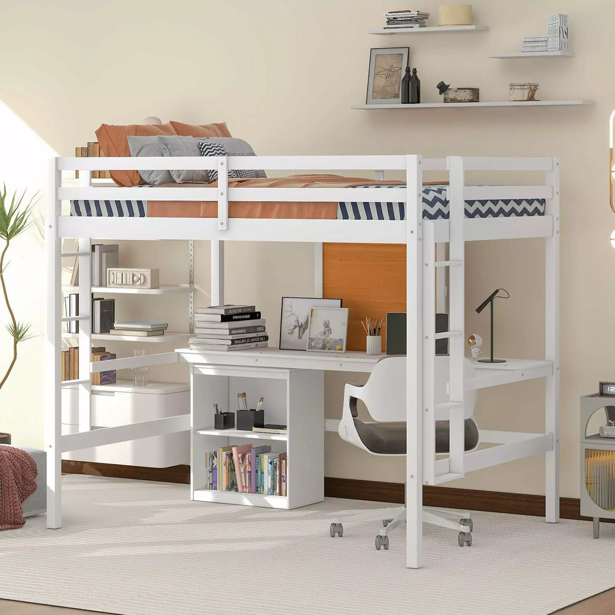 UBesGoo Full Loft Bed Desk and Shelves Kids Teens Adults White Wood Bed Frame Bookcase and Guardrail