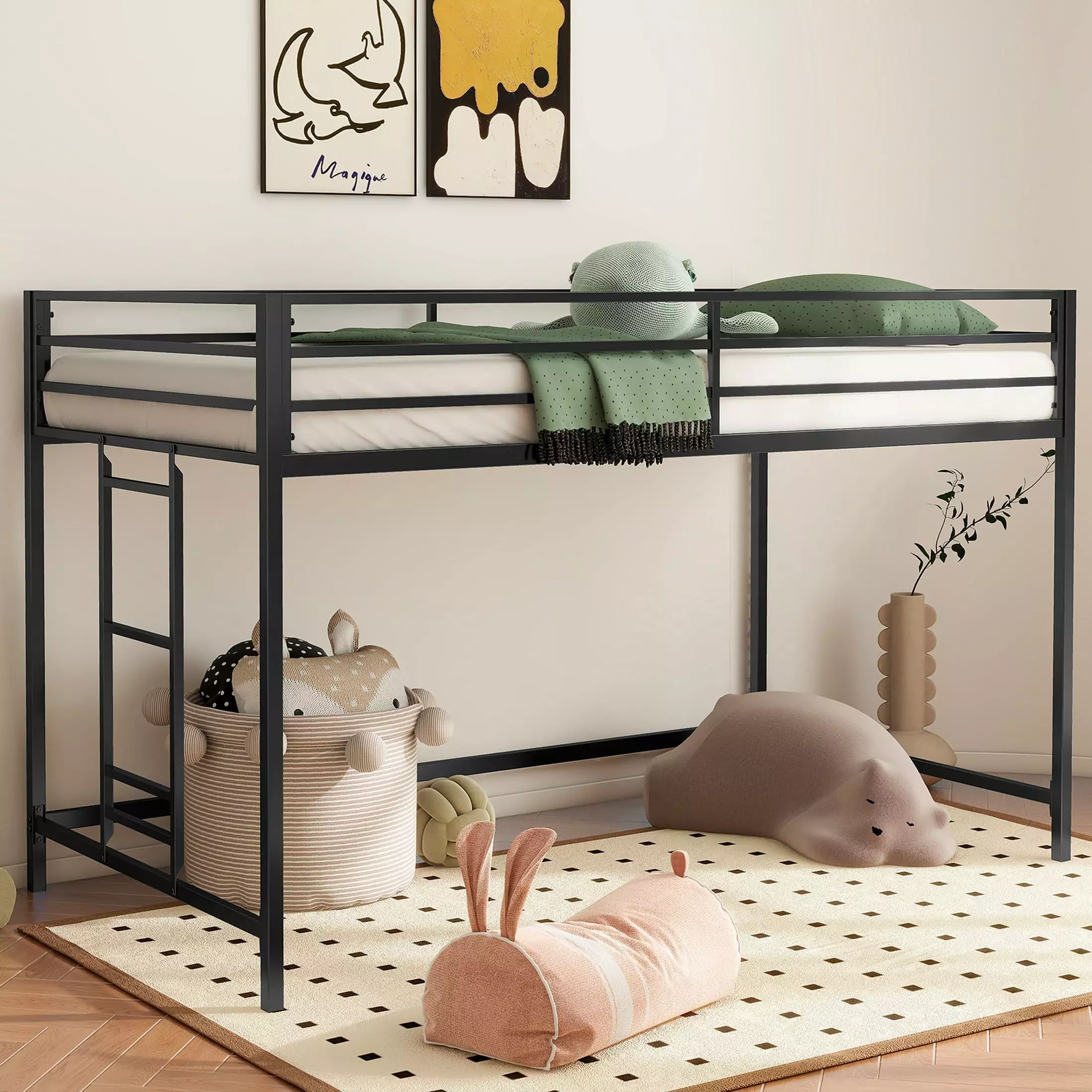 uhomepro Junior Twin Loft Bed - Metal Twin Loft Bunk Stairs and Reinforced Guardrail - Black