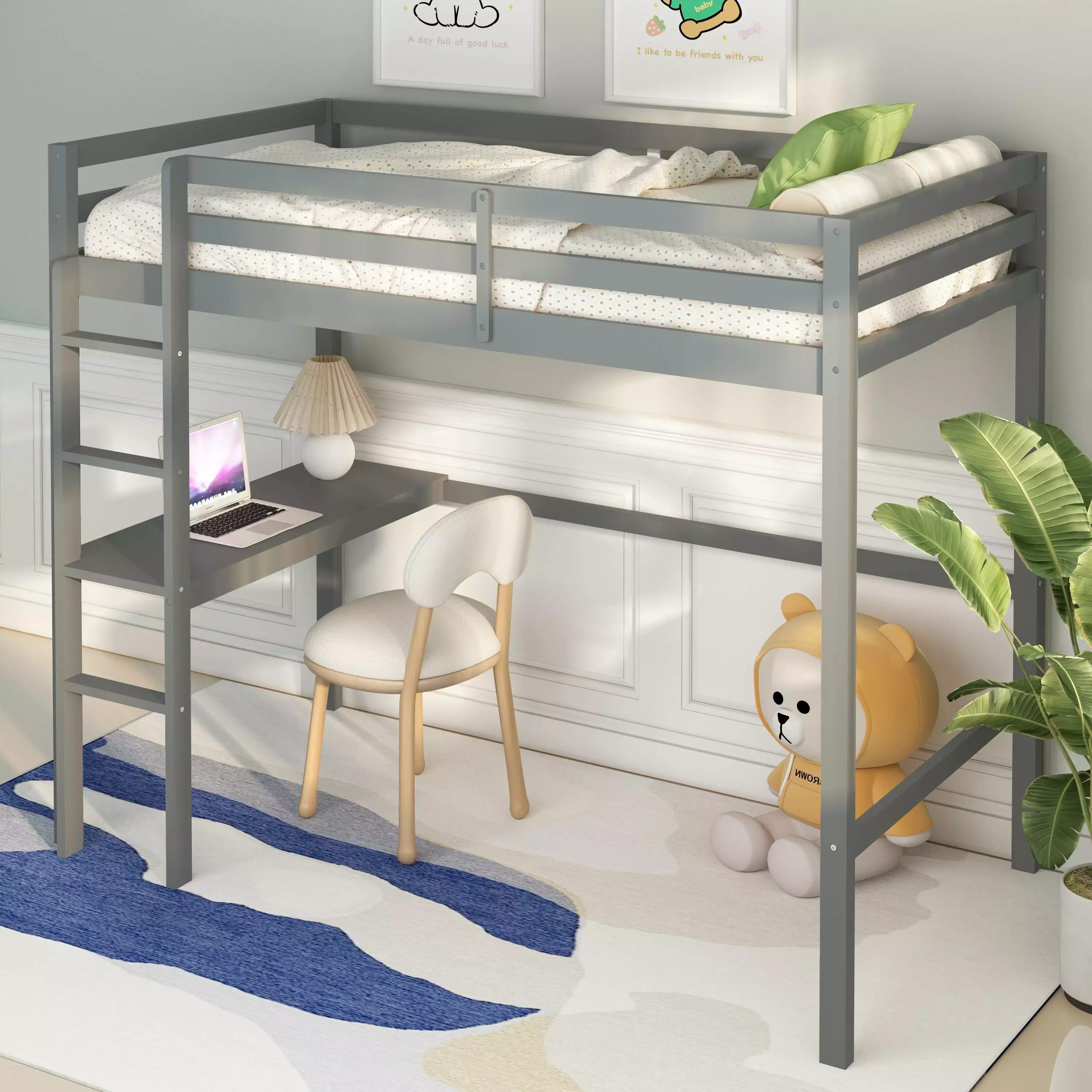 uhomepro Twin Loft Bed Desk - Solid Wood Low Loft Bed Kids