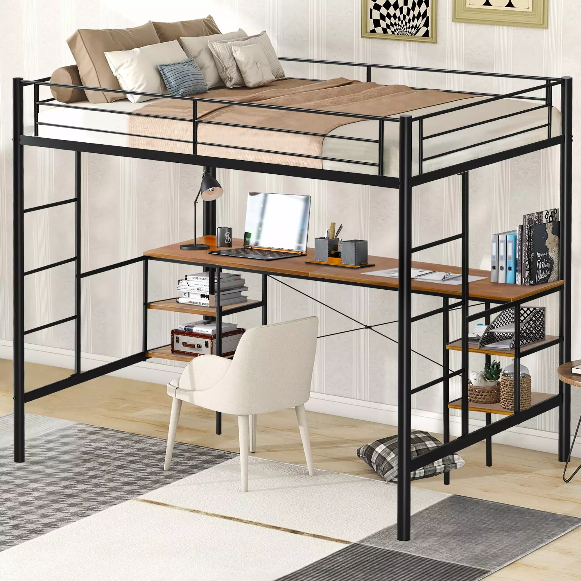 uhomepro Twin Loft Bed Desk and 4 Storage Shelves Metal Space-Saving Bed Frame Kids Teens Adults