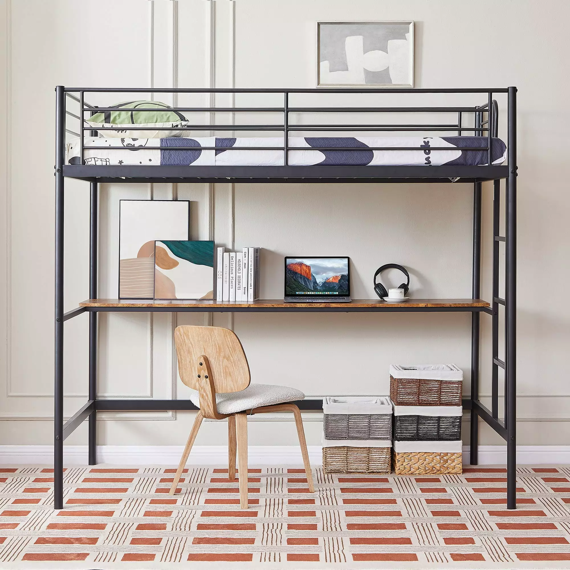 VECELO Twin Size Metal Loft Bed Frame Desk Protectty Stairs Guardrail Black
