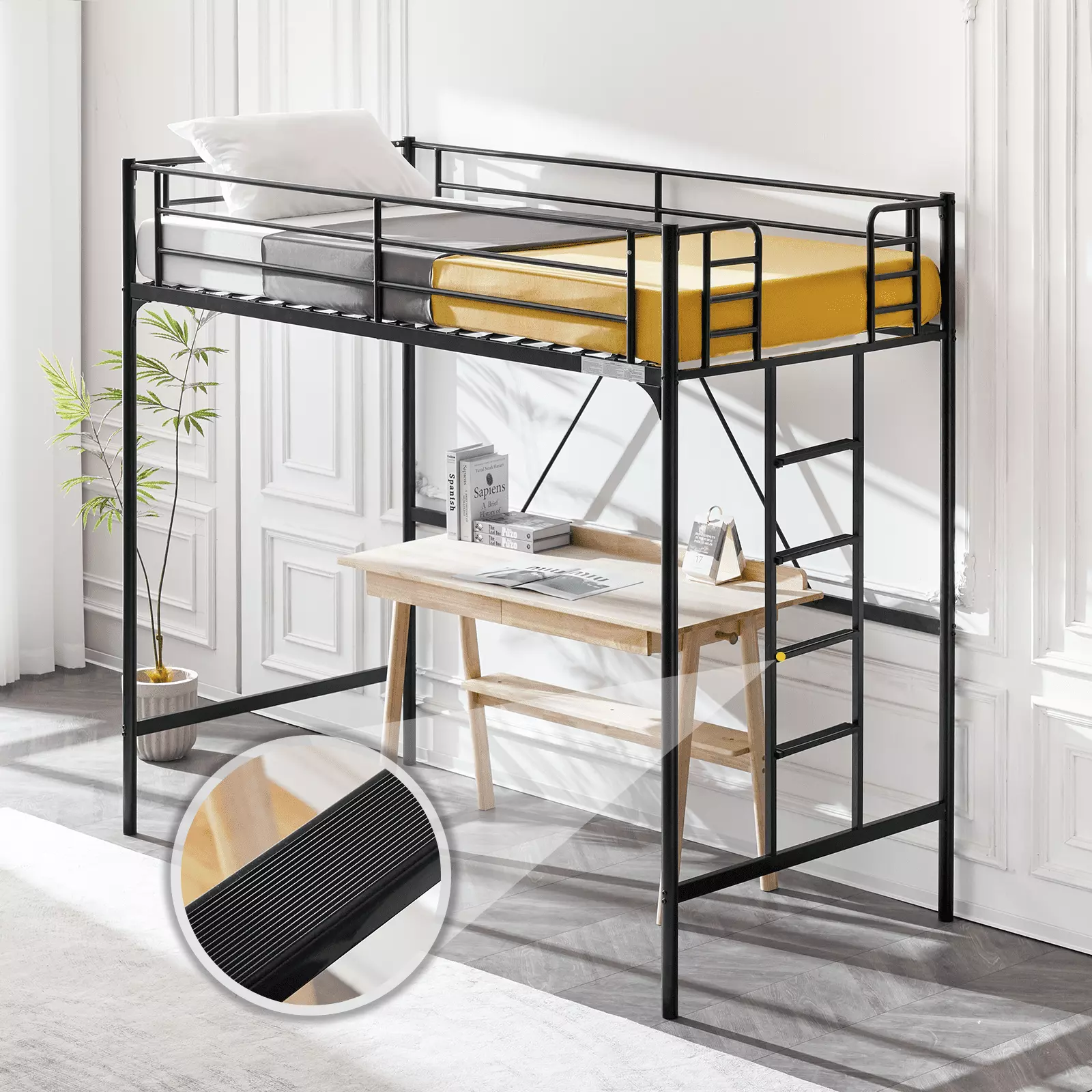 VINGLI Twin Size Metal Loft Bed Stairs and Flat Rung, High Loft Bed Kids Teens Adults No Box Spring Needed