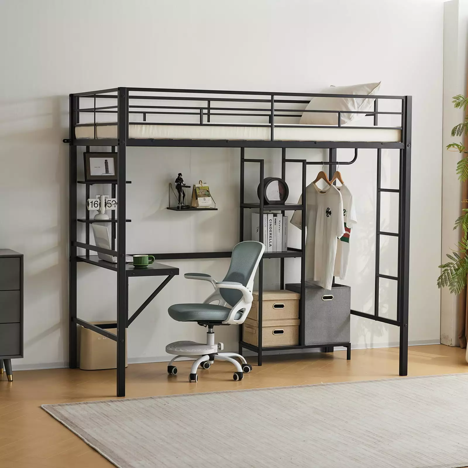 Zimtown Twin Loft Bed Desk Kids Teens Metal Bunk Bed 4 Storage Shelves and Guardrails Black