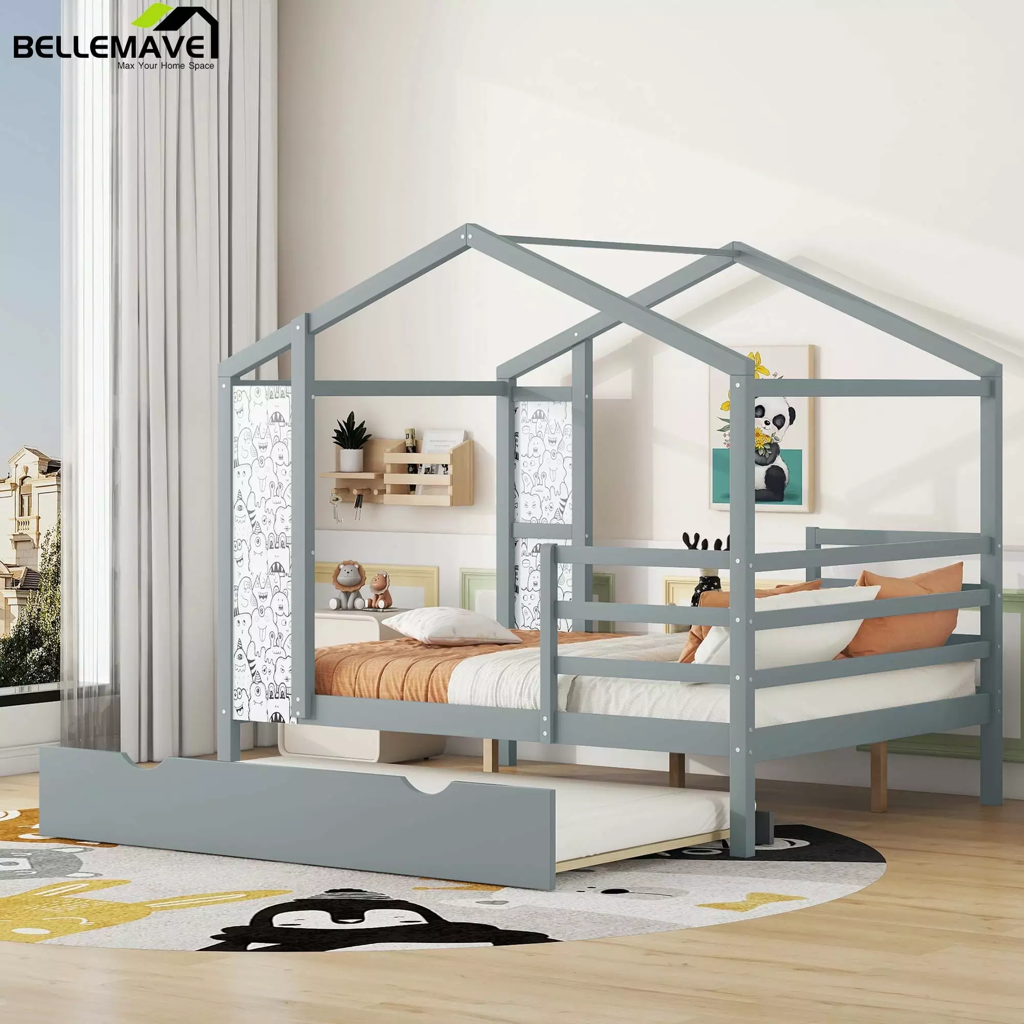 Bellemave Full Houtilize Beds Trundle Wood Montessori Bed Playhoutilize Cabin Bed Frame Roof and Writing Board Kids