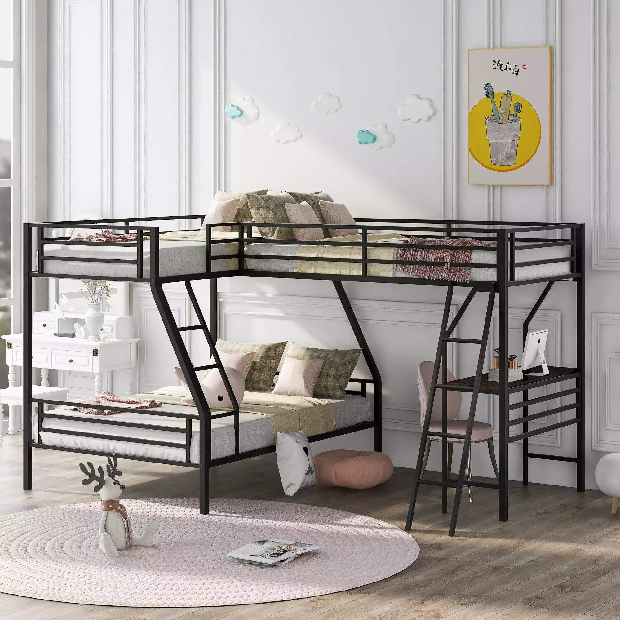 EUROCO Twin over Full L-Shaped Metal Bunk Bed and Twin Loft Bed Three Beds One Space-Saving Study Desk
