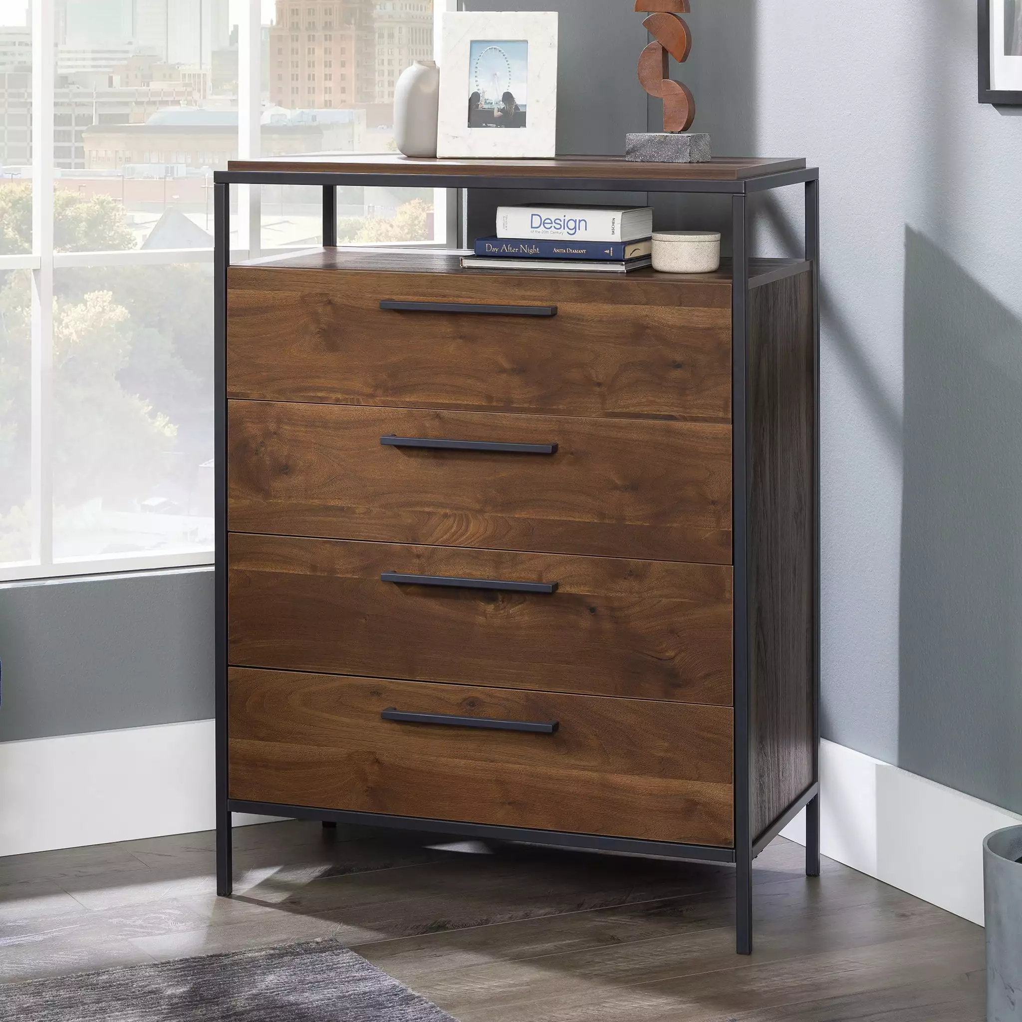 Sauder Nova Loft 4-Drawer Bedroom Dresser Open Shelf Grand Walnut Finish