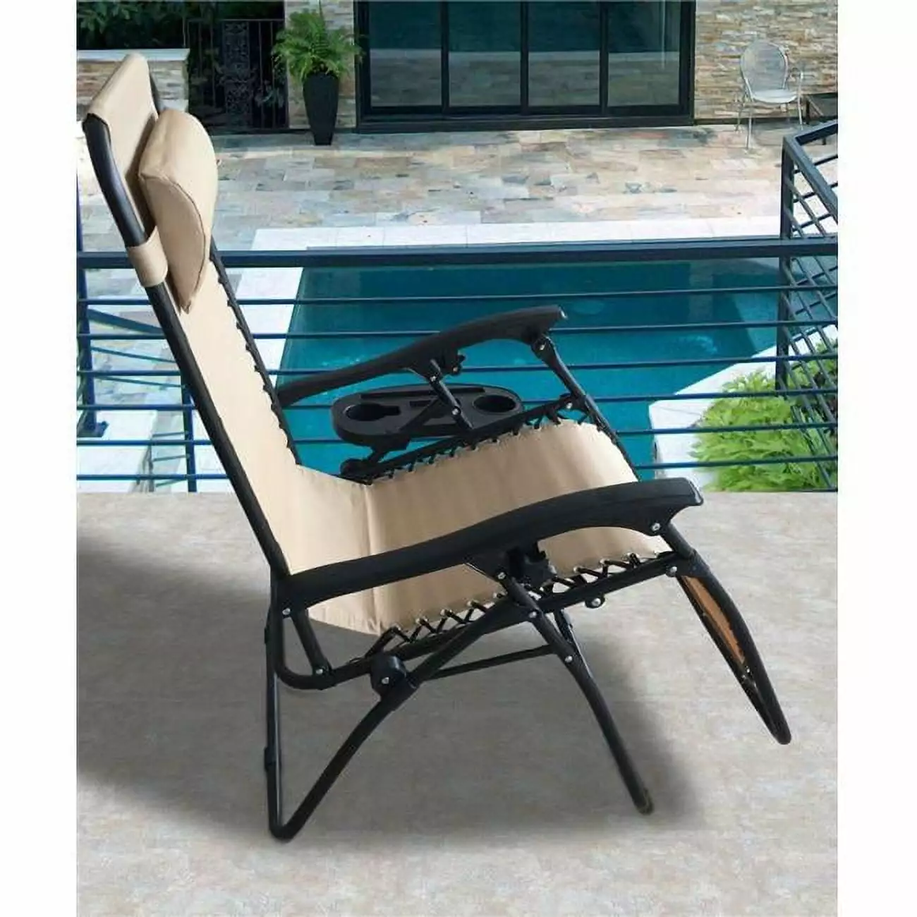 Zero Gravity Recliner Lounger Cup Holder Cream Mesh Fabric Pack 2 Marco Frio
