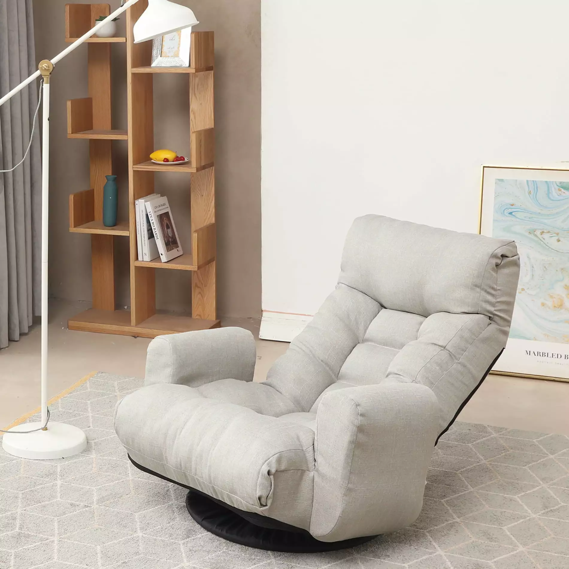 Linen Swivel Floor Chair Adjustable Floor Lazy Chair Arm Adjustable Head and Waist Game Chair Floor Lounge Chair Adults an...
