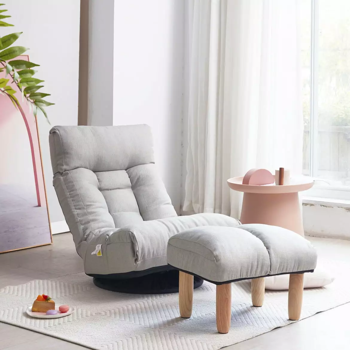 Linen Swivel Floor Chair Ottoman Adjustable Floor Lazy Chair Adjustable Head and Waist Game Chair Floor Lounge Chair Set A...