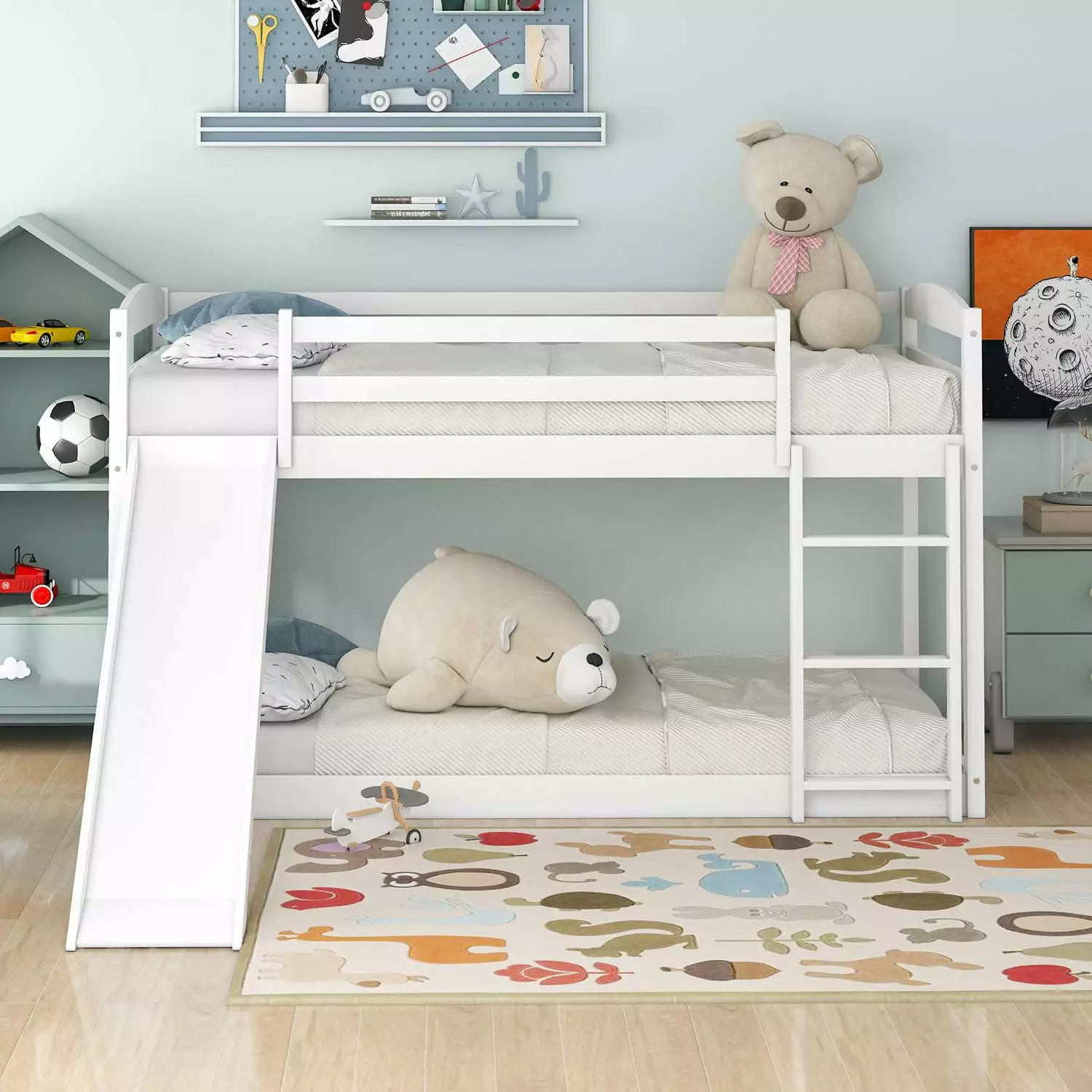 Twin Over Twin Floor Bunk Bed Convertible Slide Ladder Wood Low Bunk Bed Frame Kids Teens White ARCTICSCORPION