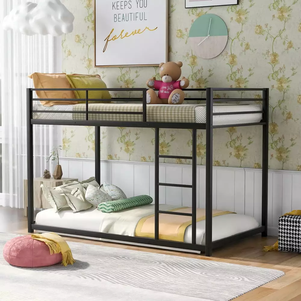 Twin Over Twin Metal Bunk Bed Low Bunk Bed Ladder Suitable Bedroom Guest Room Black LHCFS Corp