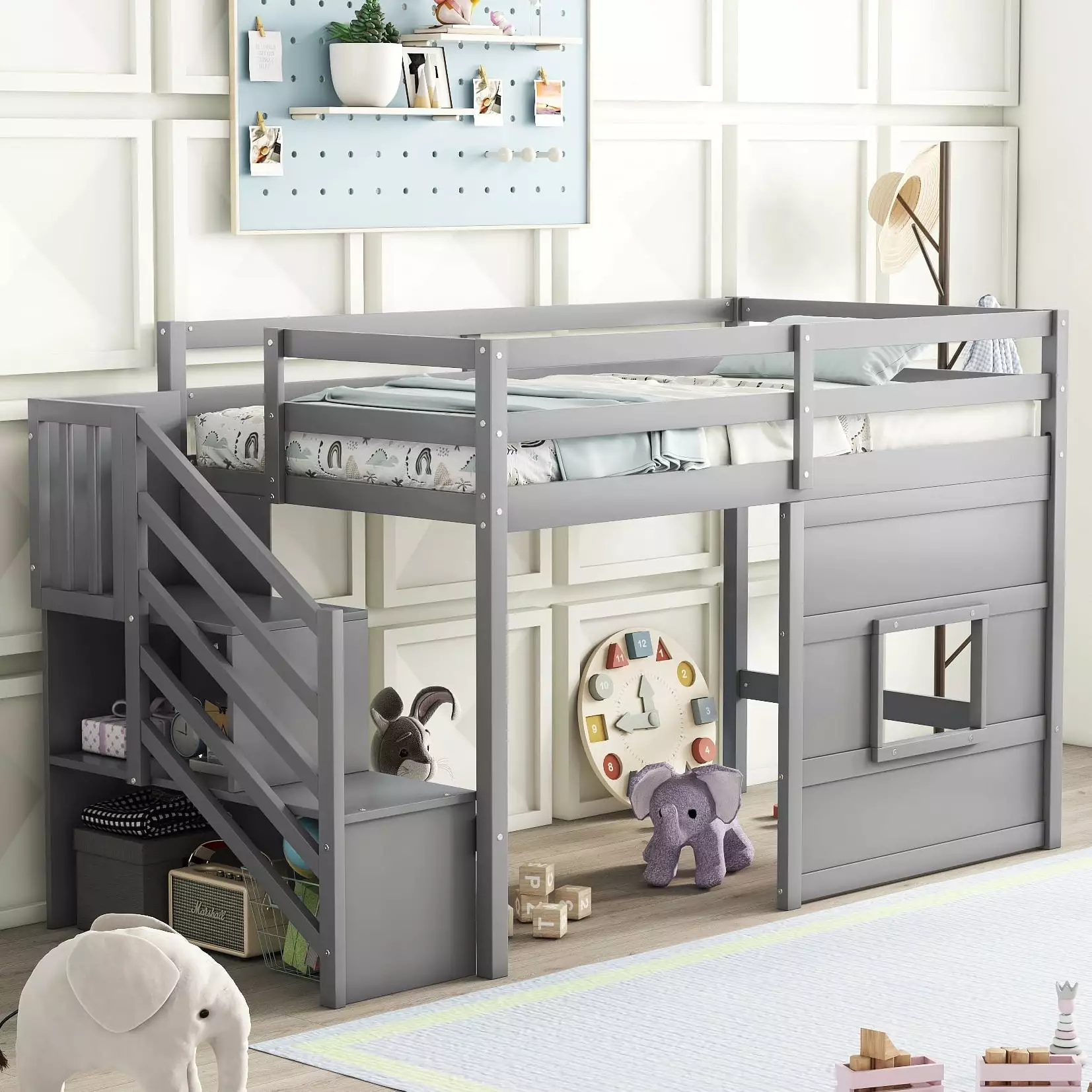 Bellemave Low Loft Bed Stairs Twin Size Toddler Loft Bed Storage Gray