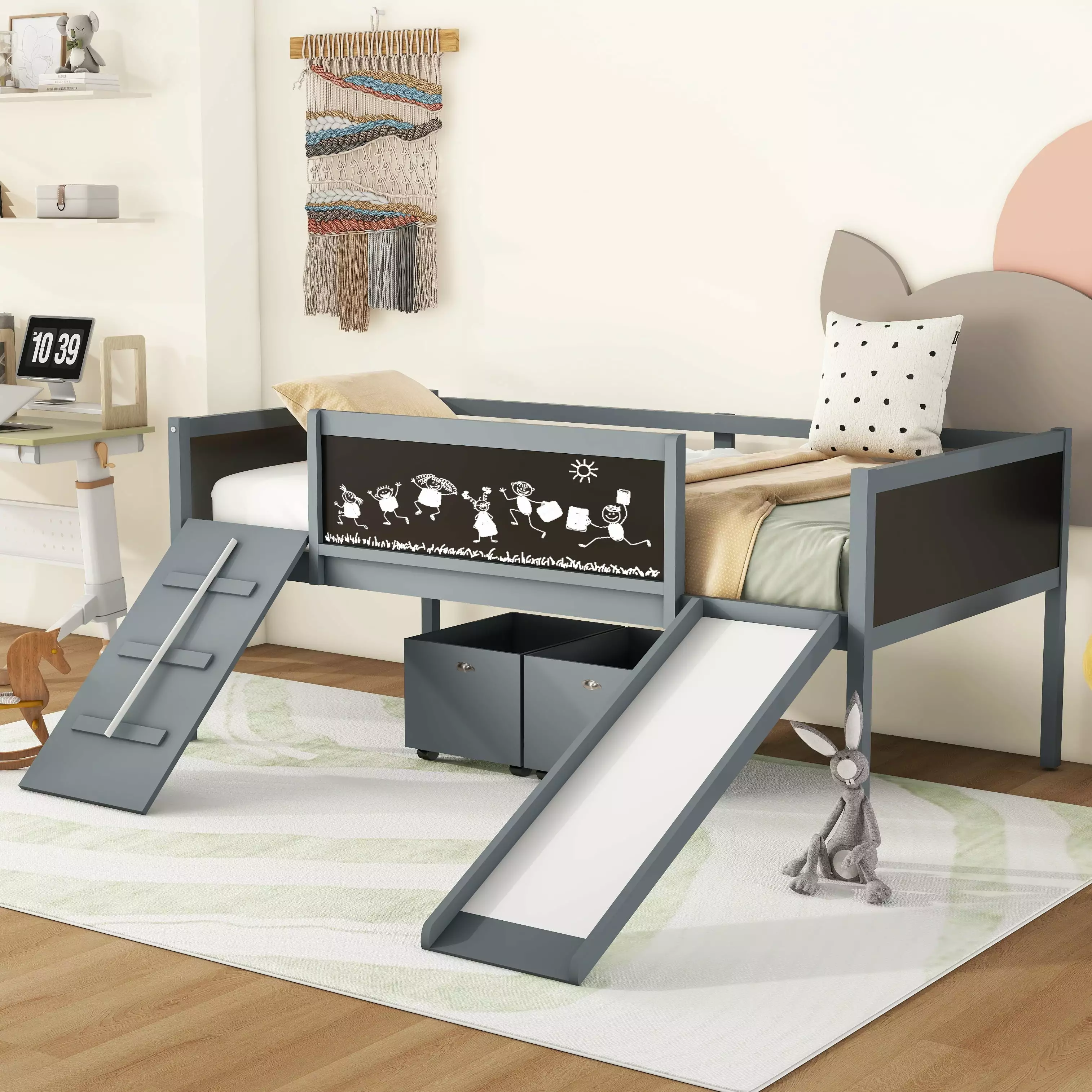 Bellemave Twin Size Wooden Low Loft Bed Frame Two Storage Boxes Kids Loft Bed Slide and Climbing Frame Boys Girls Gray
