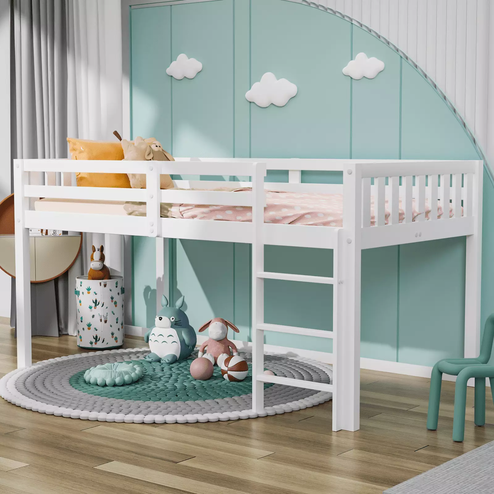 JOYMOR Twin Low Loft Bed Solid Wood Frame Kids Teens White
