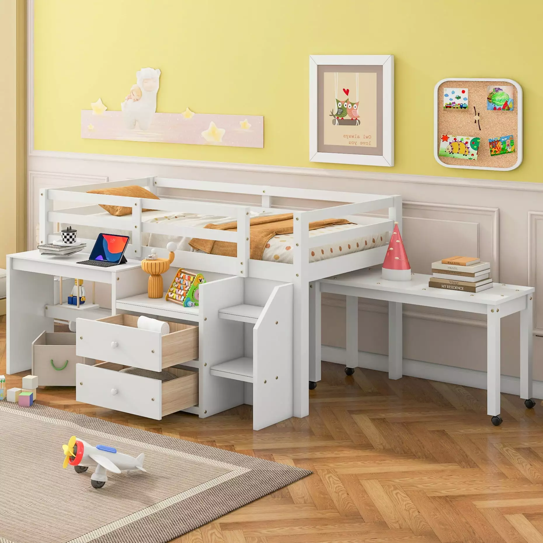 Twin Size Low-Height Wooden Loft Bed Desk and Drawers Kids Teens Boys Girls White Triple Tree