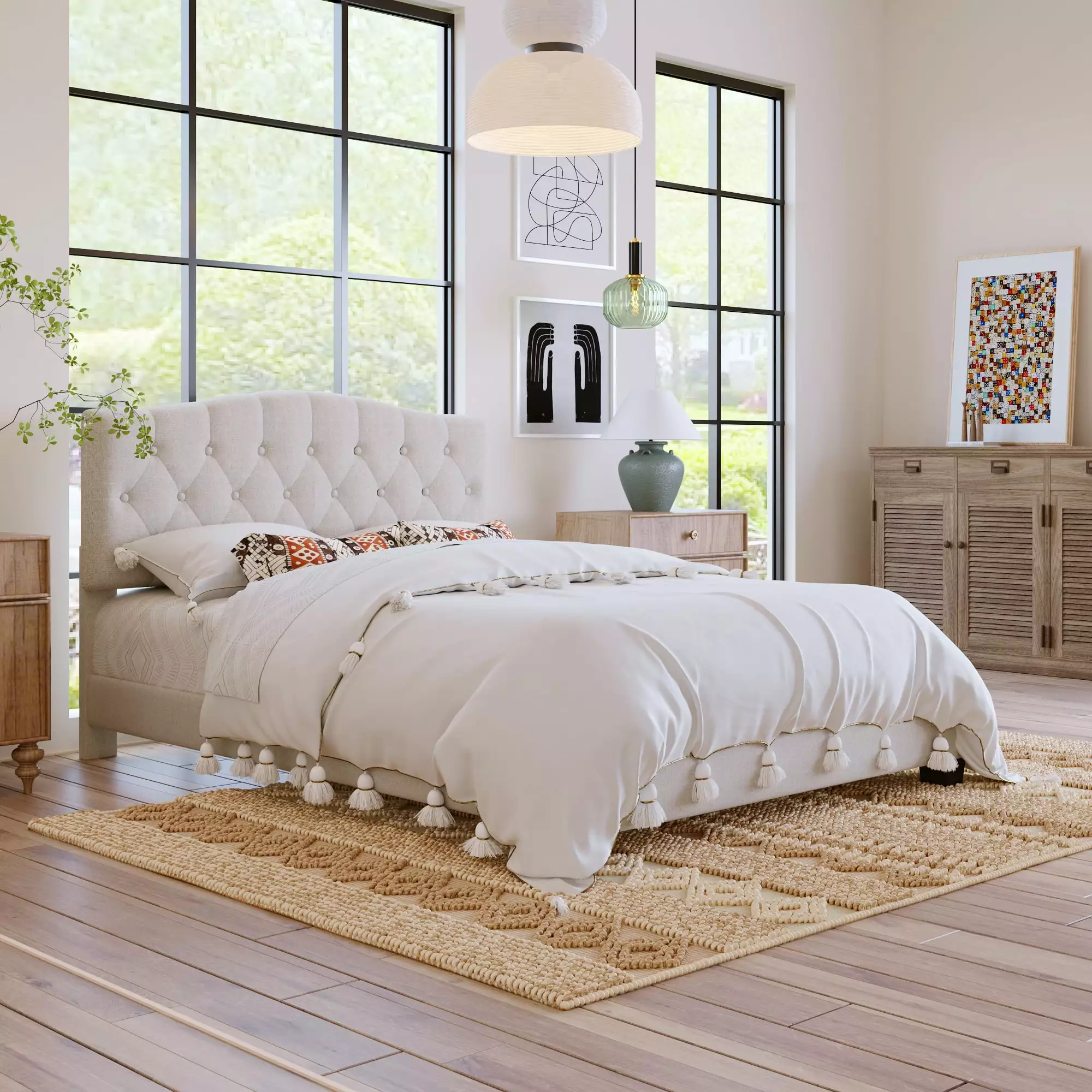 Queen Size Upholstered Platform Bed Saddle Curved Headboard and Diamond Tufting Beige Euroco