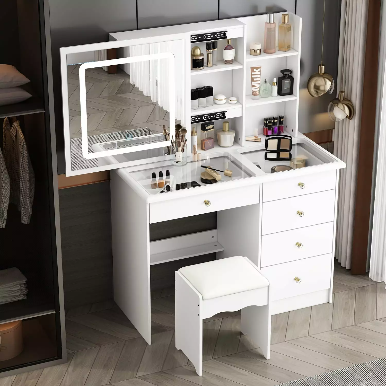 WIAWG Modern Vanity Desk Set Glass Top Drawers and Shelves Makeup Table Large Sliding Lighted Mirror White