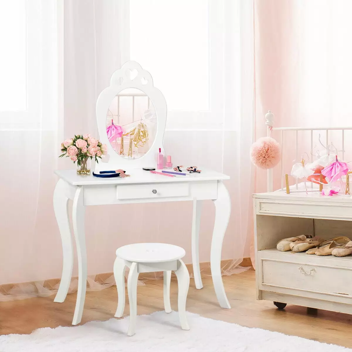 Amijoy Kids Vanity Table and Chair Set Princess Makeup Dressing Table Drawer and Mirror 2--1 Vanity Set