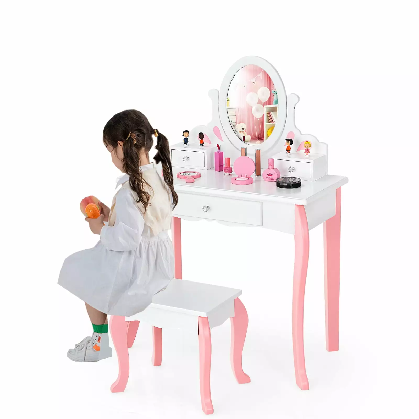 Amijoy Kids Vanity Table and Stool Set Wooden Princess Makeup Dressing Table 360 Rotating Mirror and 3 Drawers