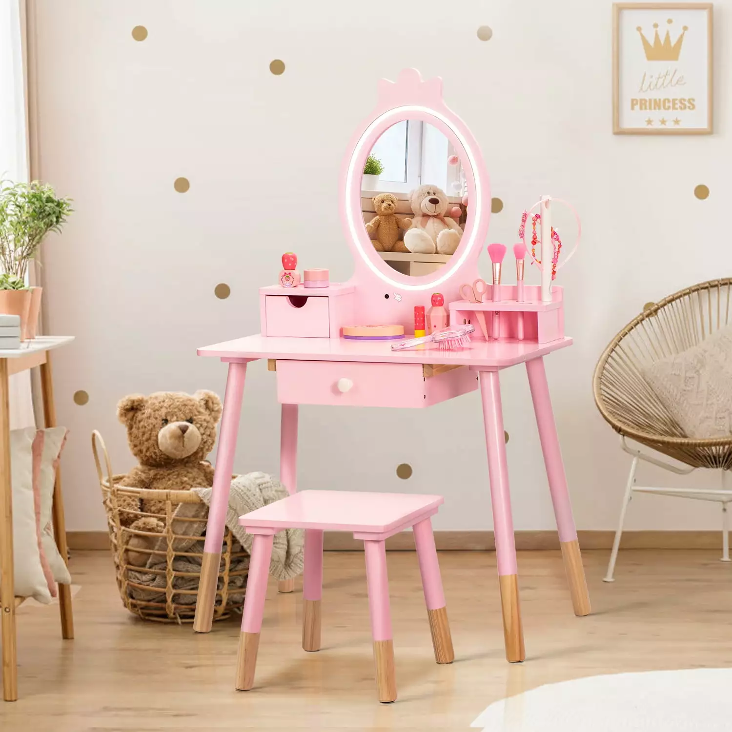 BRINJOY Kids Vanity Set Mirror Wooden Makeup Dressing Table Lights Stool Jewelry Rack Storage Board