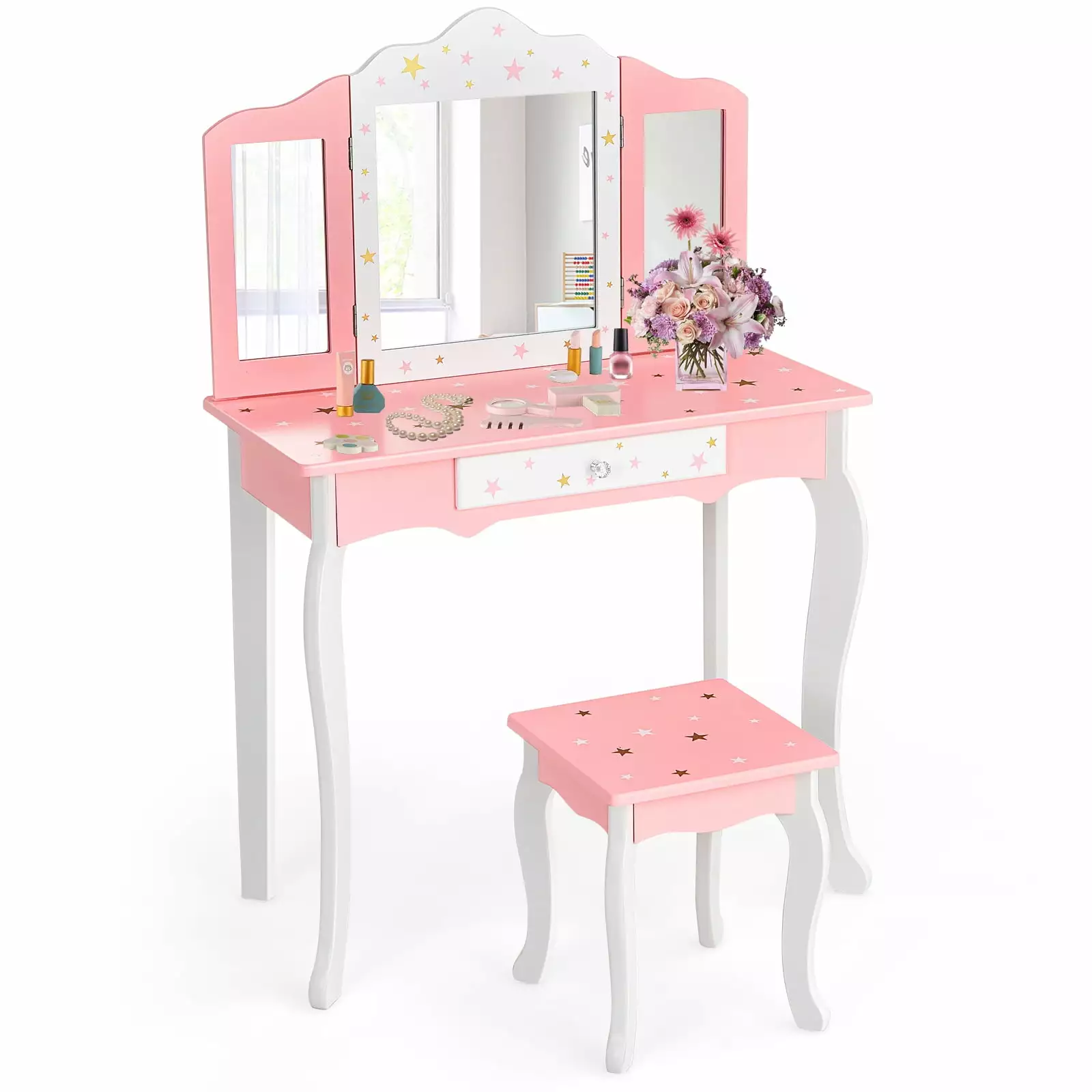 Coelon Kids Vanity Table and Chair Set Princess Makeup Dressing Table 360 Rotating Tri-fold Mirror White