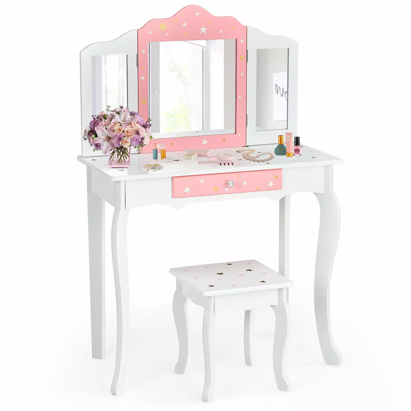 Coelon Kids Vanity Table and Chair Set Princess Makeup Dressing Table 360 Rotating Tri-fold Mirror Pink