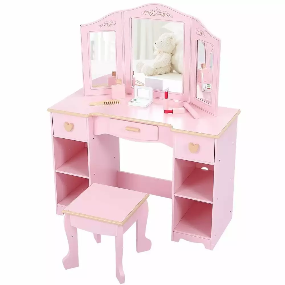 Kids Vanity 2 1 Princess Makeup Desk Chair Set Mirror Drawer Wooden Dressing Table Pink CuisinSmart