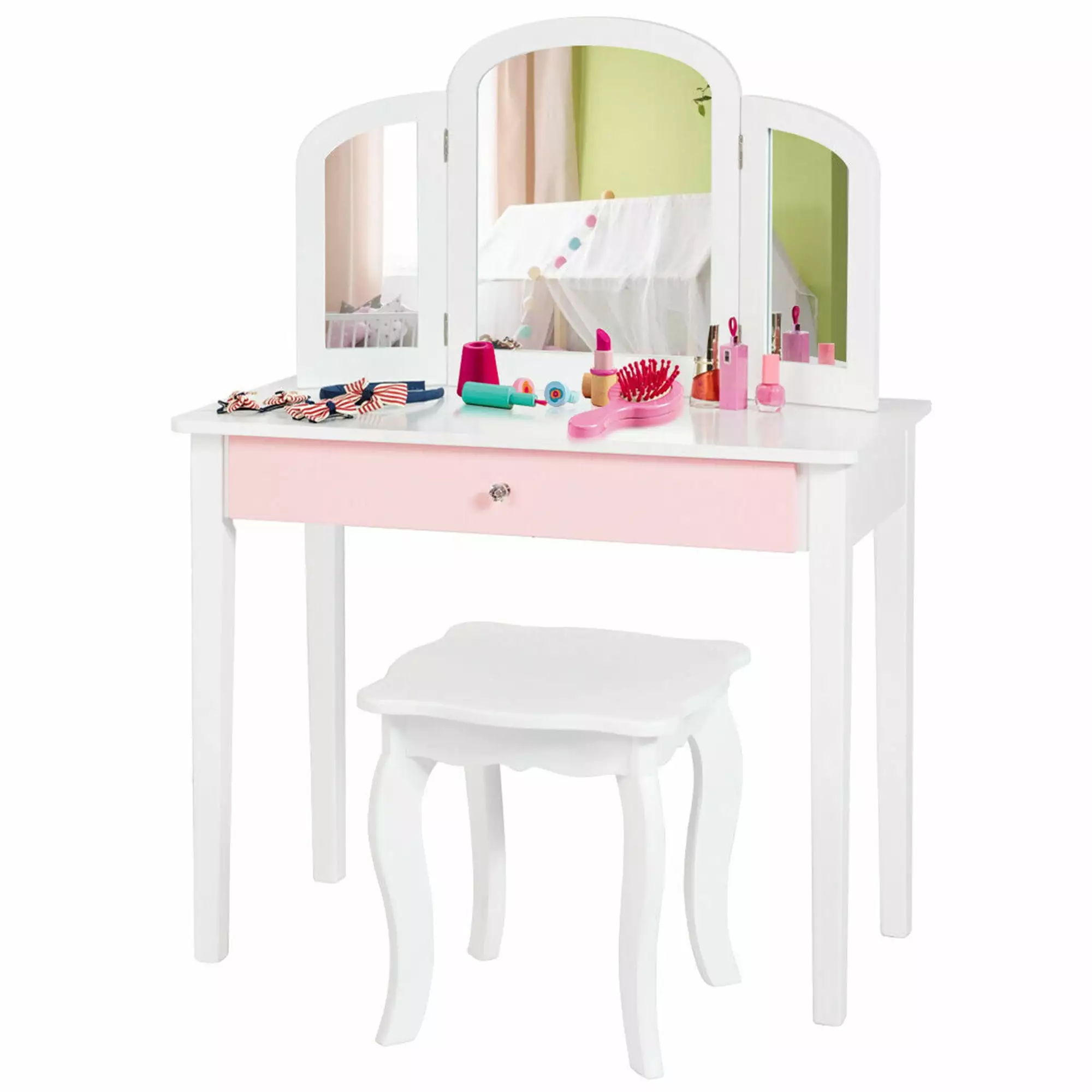 Gymax Kids Vanity Princess Make Up Dressing Table Tri-folding Mirror and Chair White