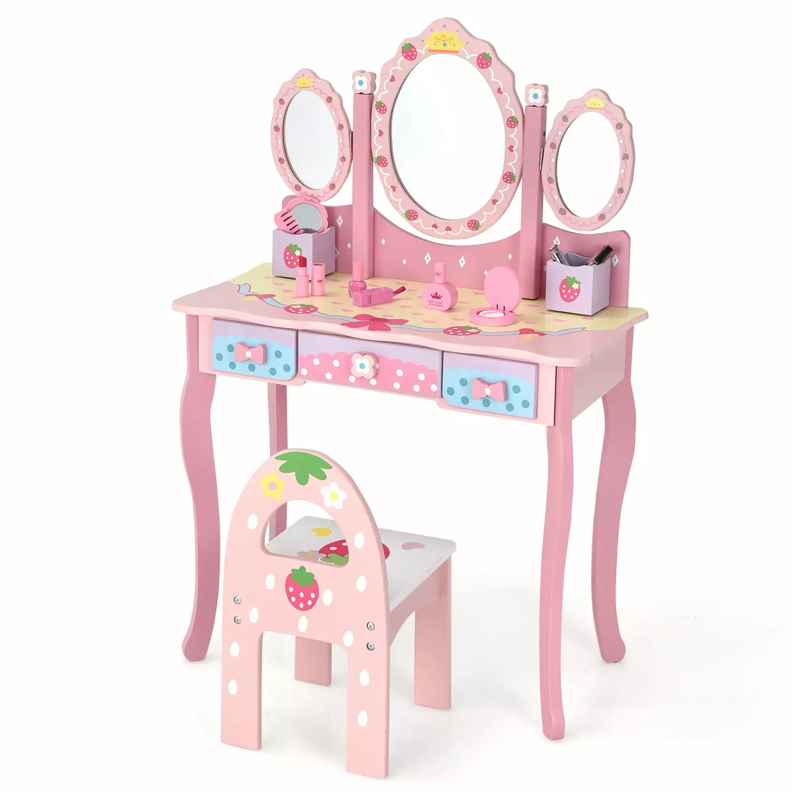 Infans Kids Vanity Princess Makeup Dressing Table Chair Set Tri-fold Mirror Pink