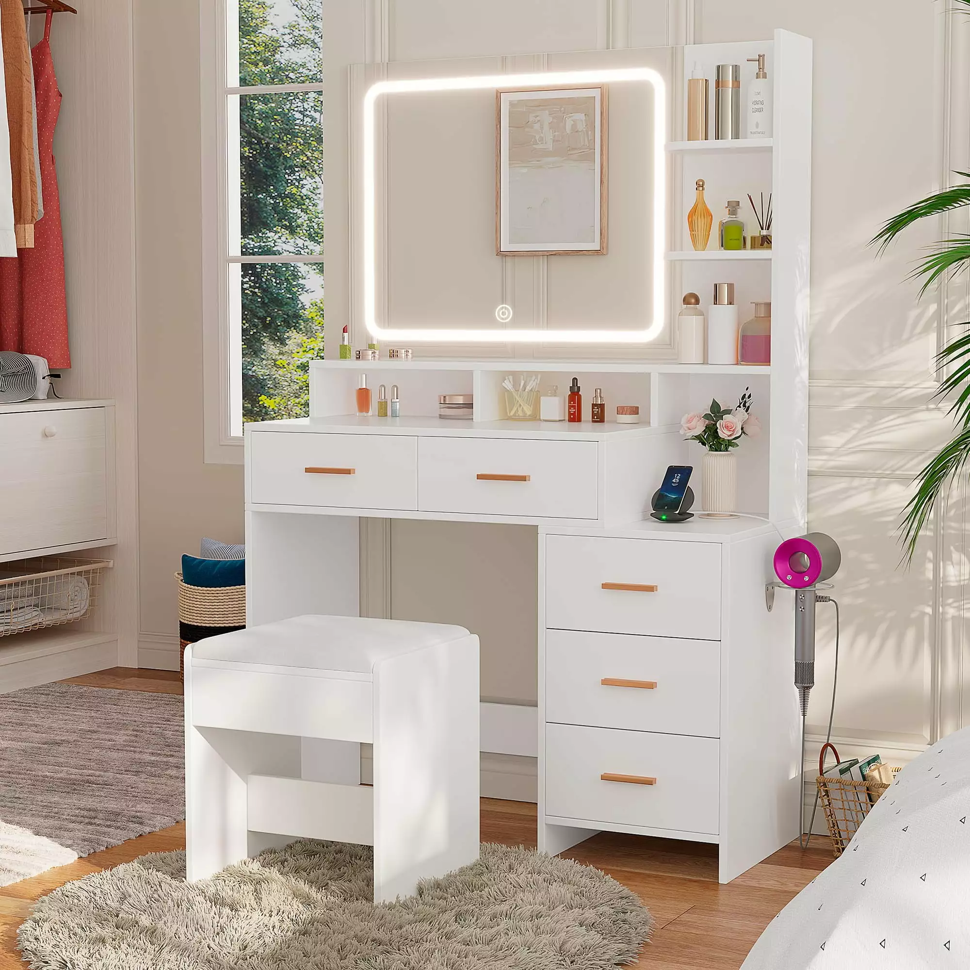 Vanity Desk LED Lighted Mirror and Charging Station Modern Vanity Makeup Table 5 Drawers Storage Shelves and Chair 3 Color...