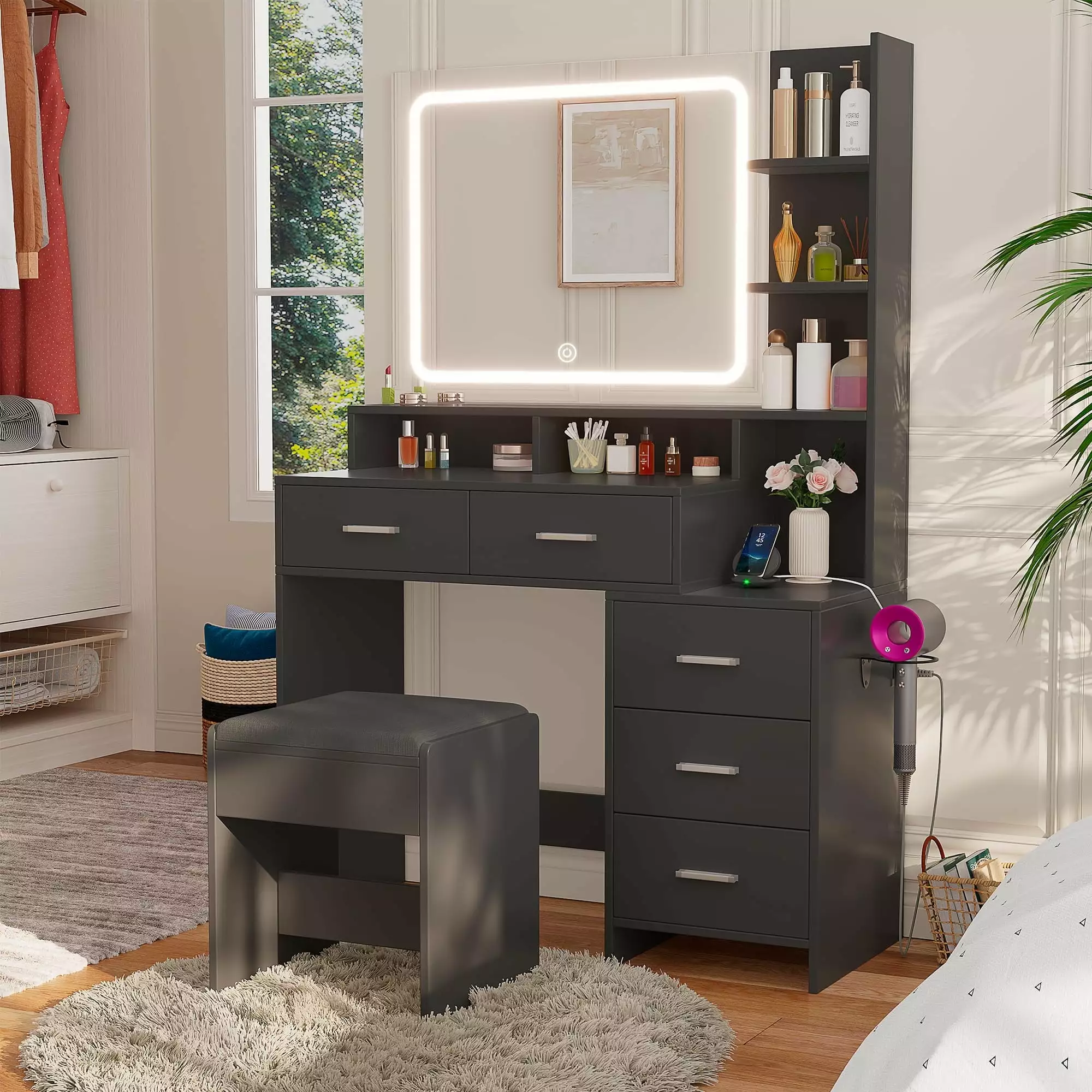 Vanity Desk LED Lighted Mirror & Cushion Stool - Modern Makeup Table 5 Drawers & Charging Station Black Alohappy