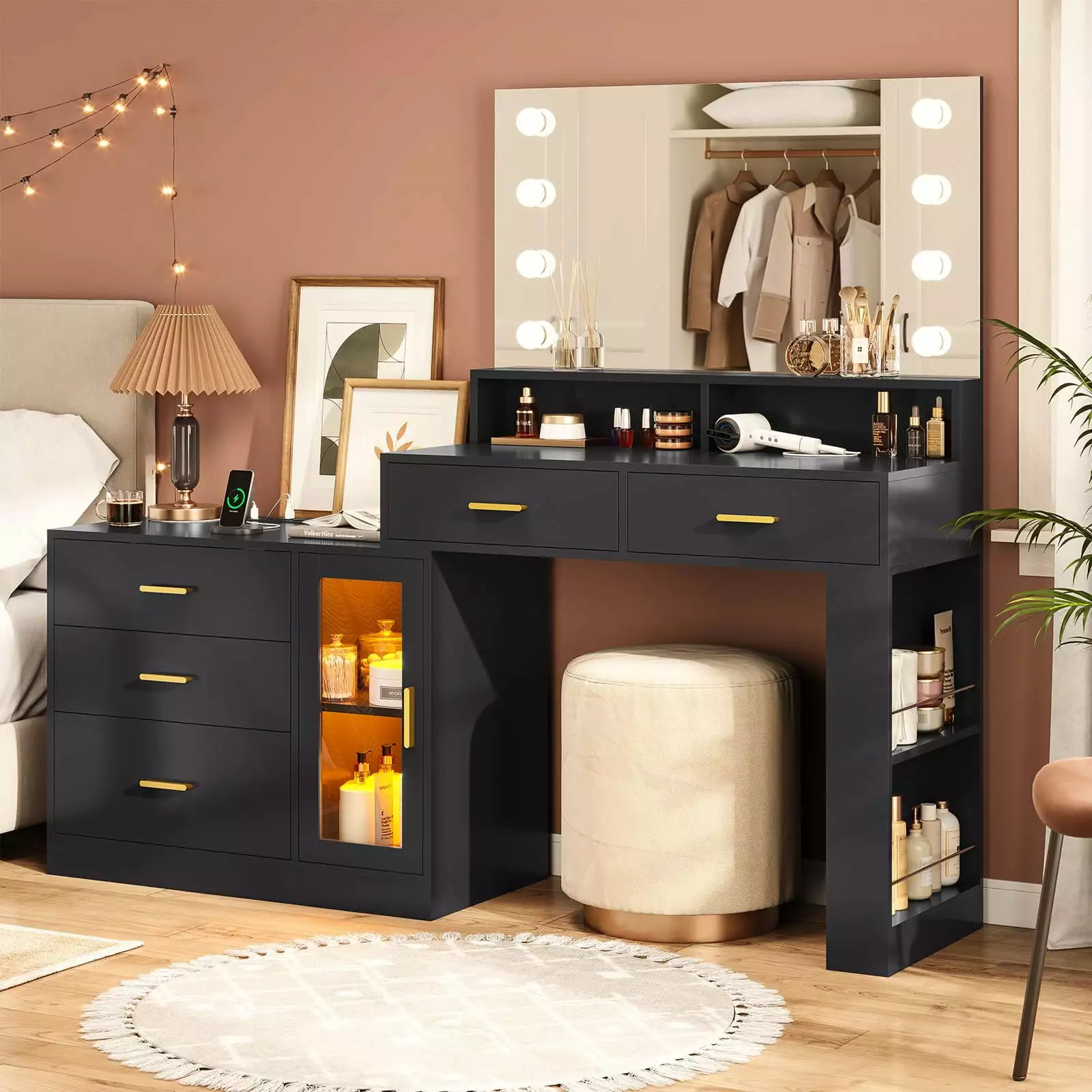 Vanity Desk Mirror Lights Charging Station and 3 Drawers Black AOGLLATI