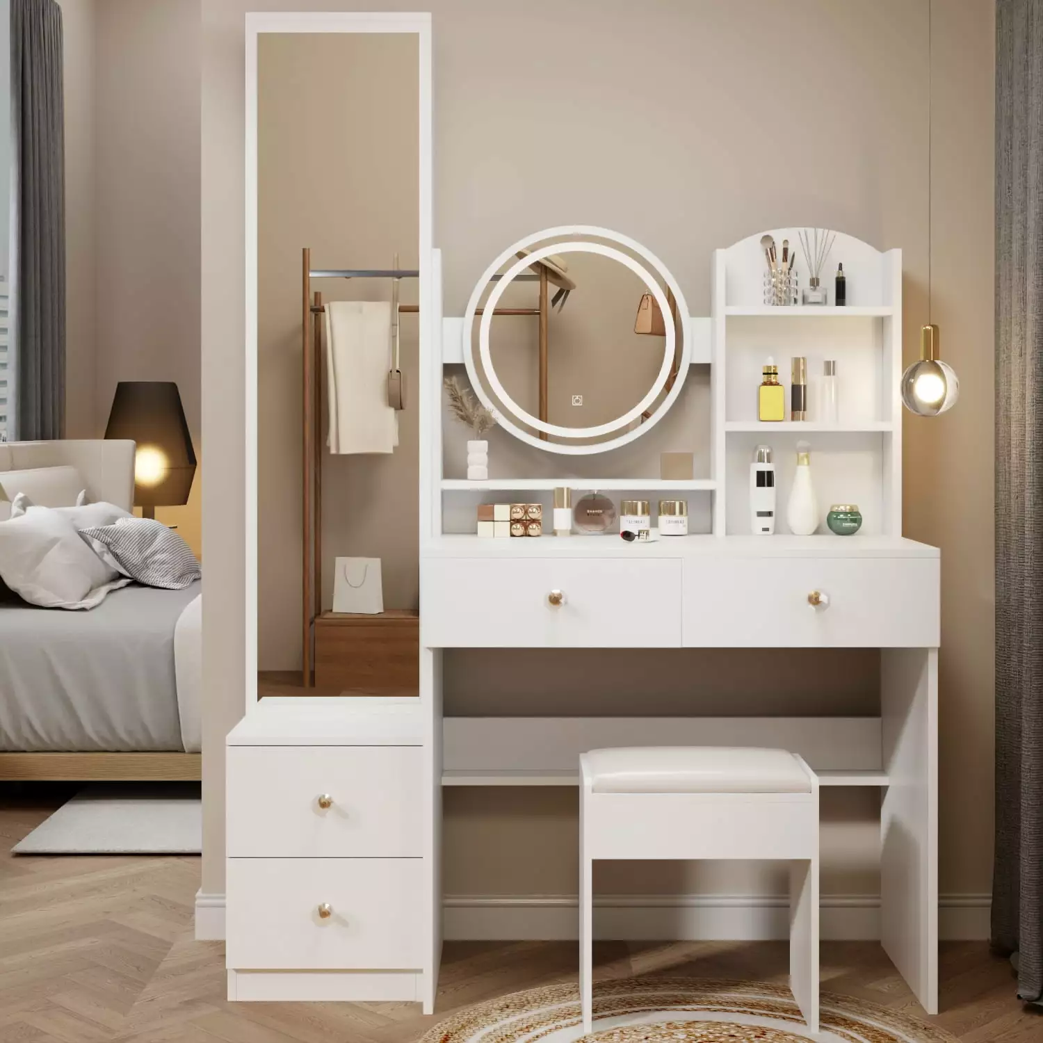Aukfa Makeup Vanity Set Lights Full Mirror and Stool Girls White Dressing Table