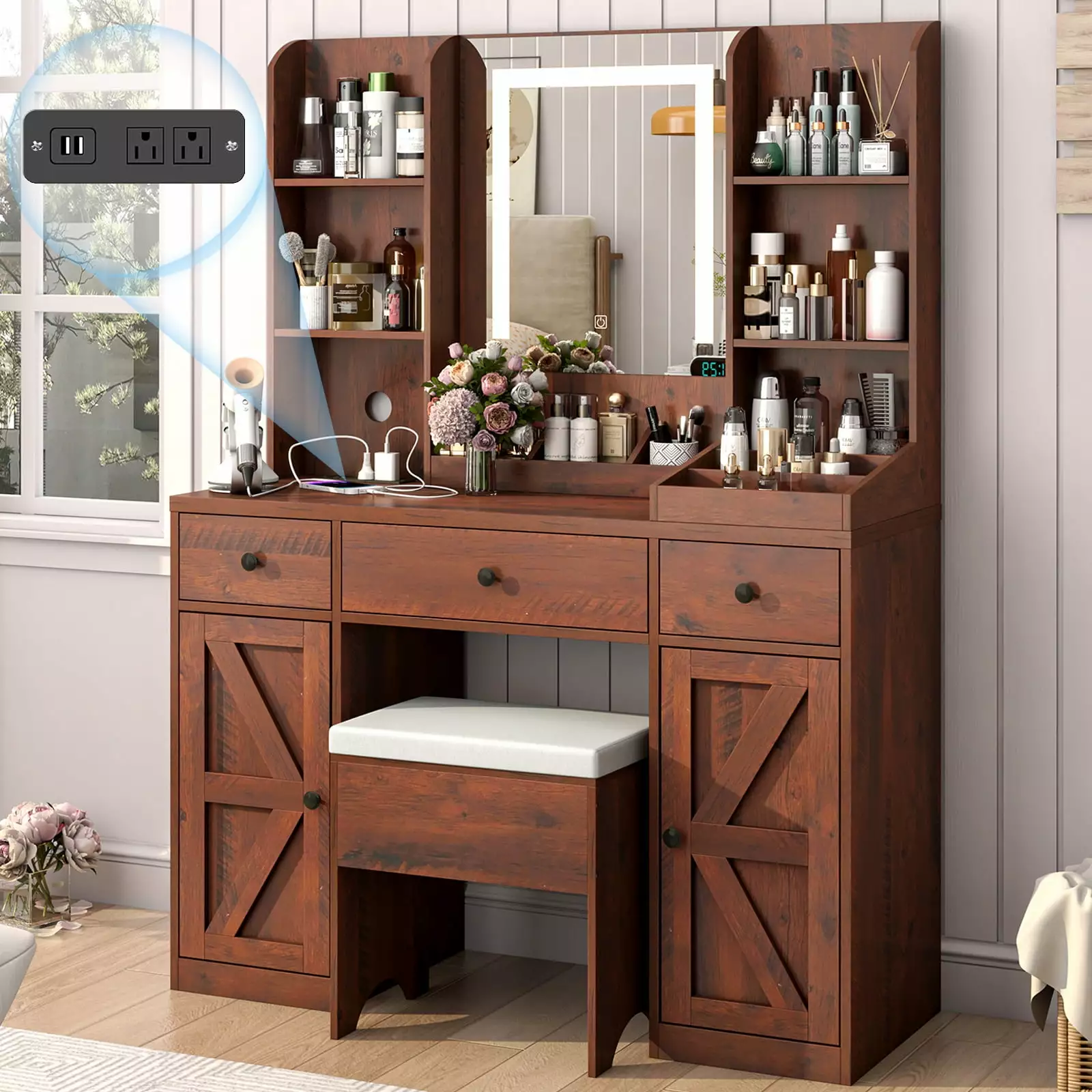 Farmhoutilize 43 Inch Makeup Vanity Desk LED Light Mirror and Charging Station Blotout