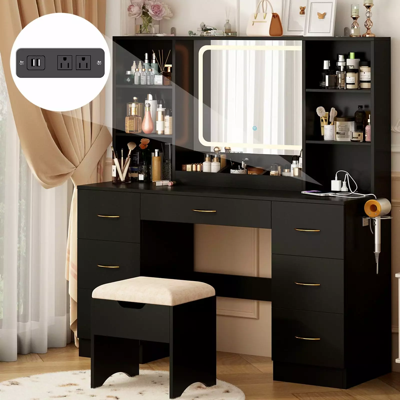 47 Large Vanity Desk LED Lighted Mirror, Power Outlet, 7 Drawers, Storage Stool, and Hair Dryer Rack - Black Makeup Vanity...