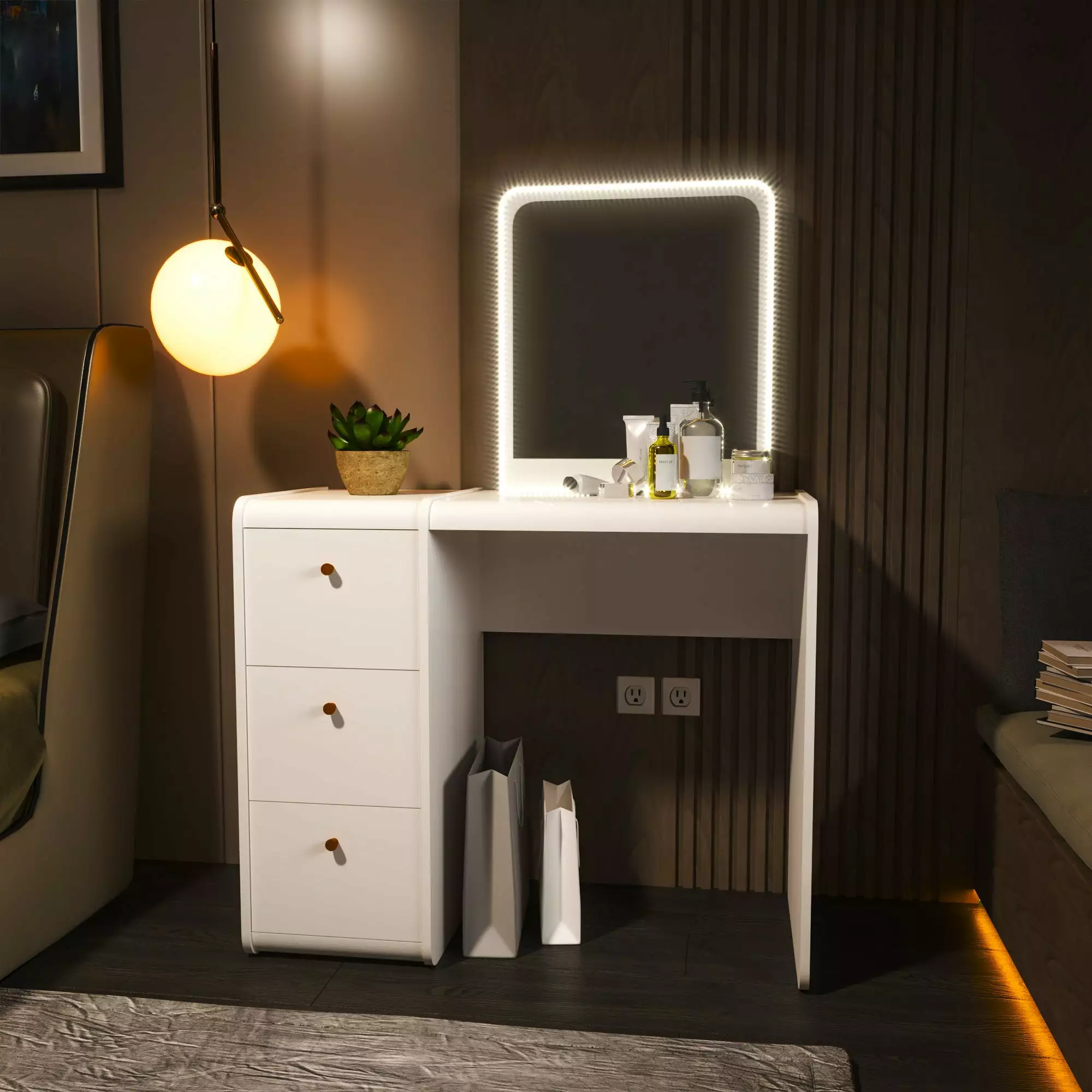 Boahaus Vesta Modern White Lighted Vanity Table - Bedroom Makeup Dressing Desk Mirror