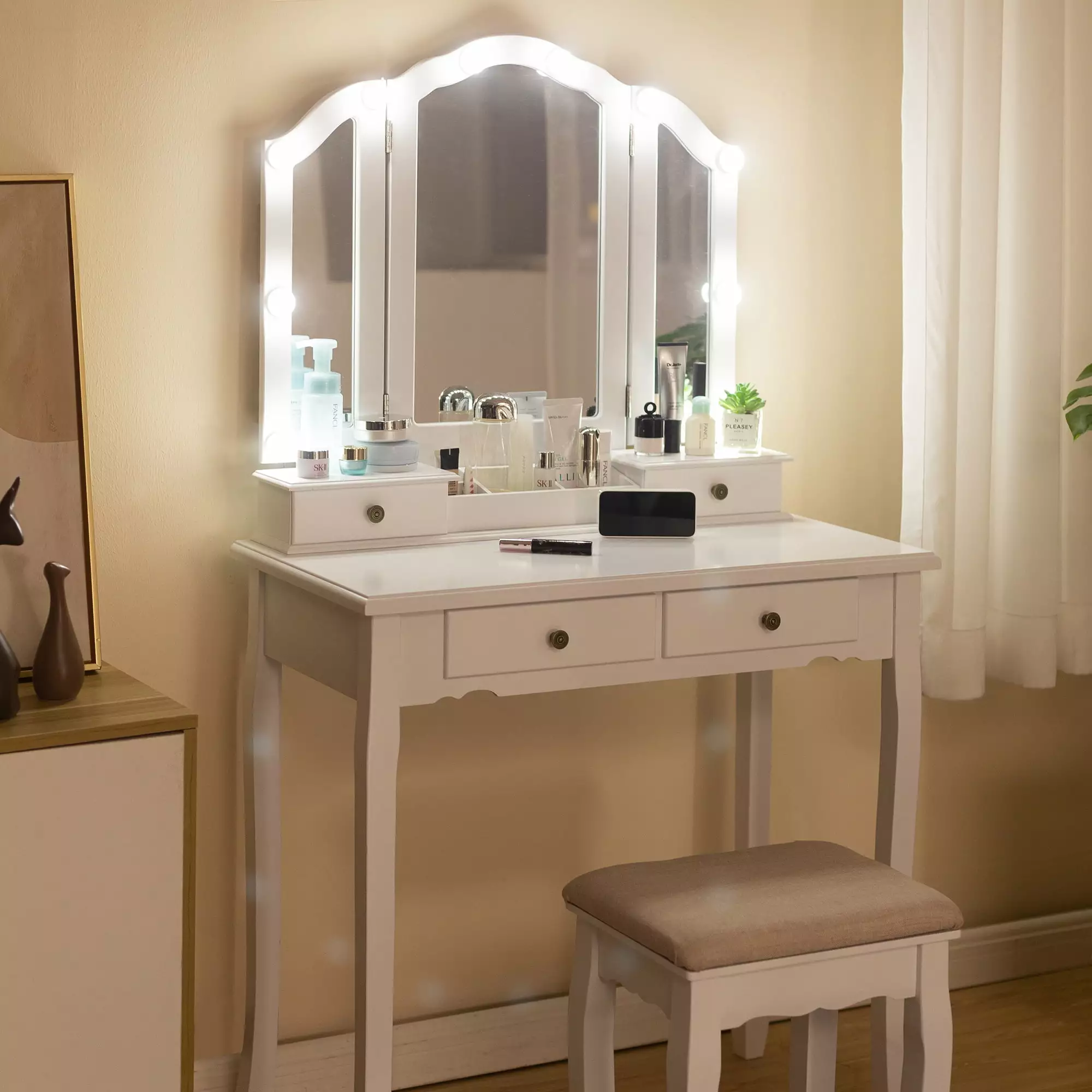 Caroeas Tri-Fold Makeup Vanity Mirror Lights and Padded Stool - 5 Drawer Wooden Vanity Set