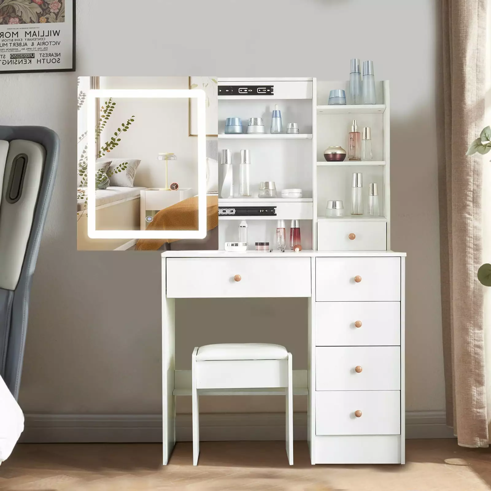 Caulitar Vanity Set Sliding Mirror and Stool White Makeup Table 6 Drawers 6 Shelves