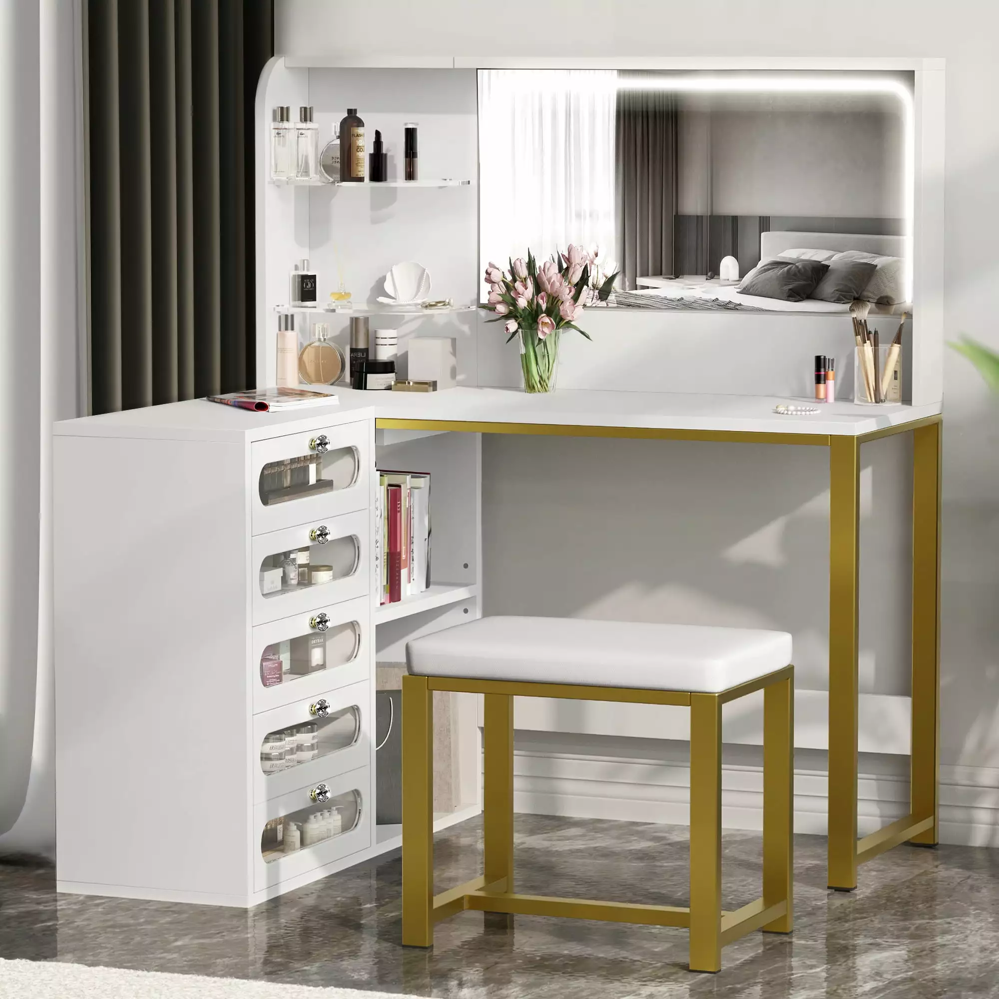 Dextrus L-Shaped Vanity Table Set LED Light - White and Gold Modern Makeup Dressing Desk