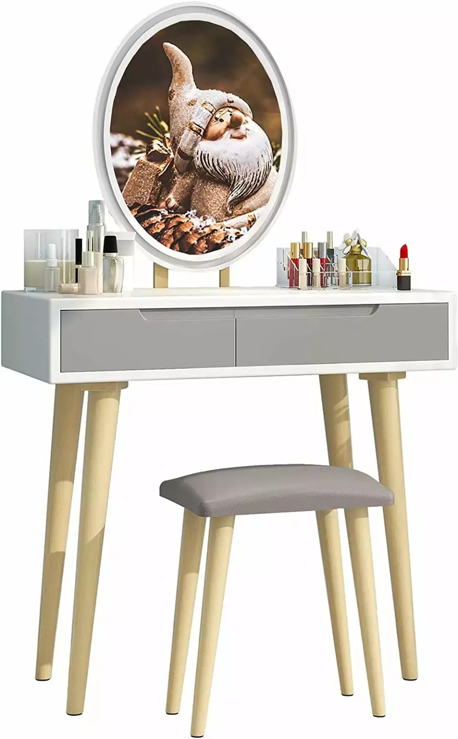 Vanity Table Set Adjustable Brightness Mirror and Cushioned Stool Dressing Makeup Table Elecwish