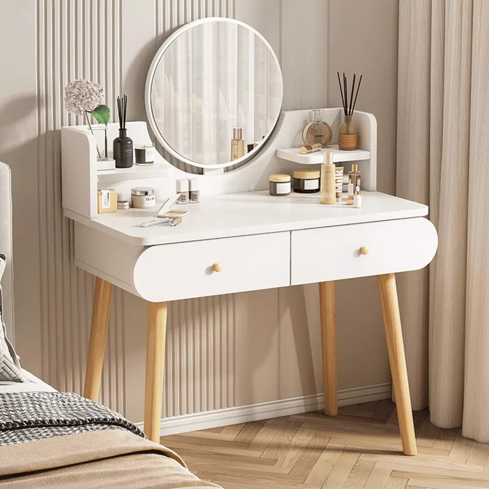 EONROACOO White Modern Vanity Table Set Mirror Dressing Table Makeup Desk 2 Drawers and 2 Shelves